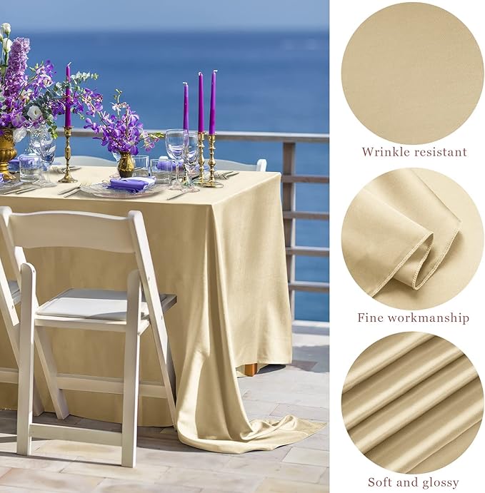 TURSTIN 4 Packs Champagne Satin Tablecloth 102 x 58 Inch Overlay Satin Table - Image 3