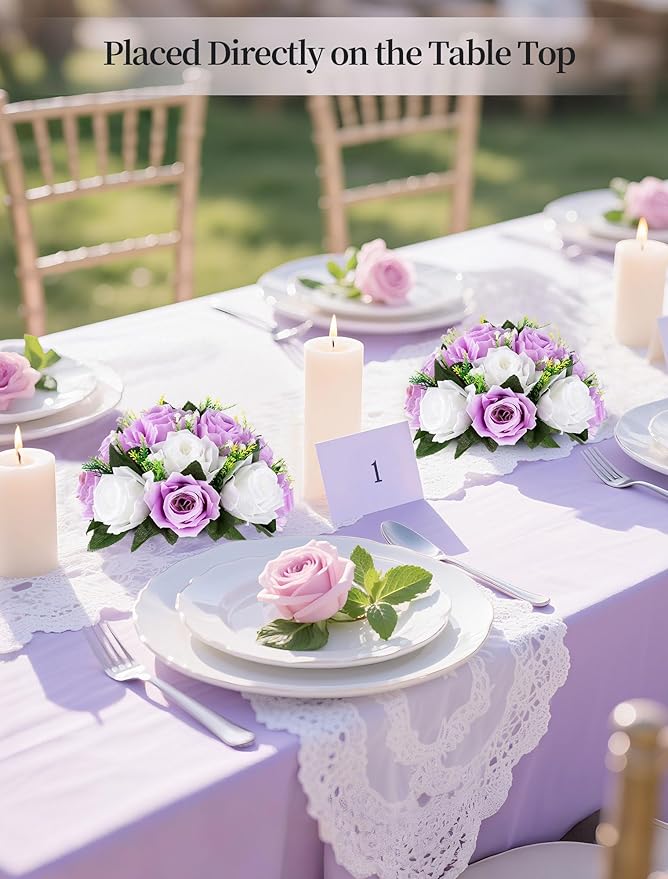 BLOSMON Purple Flowers Ball for Centerpieces: 6 Pcs Fake Lilac White Roses - Image 3