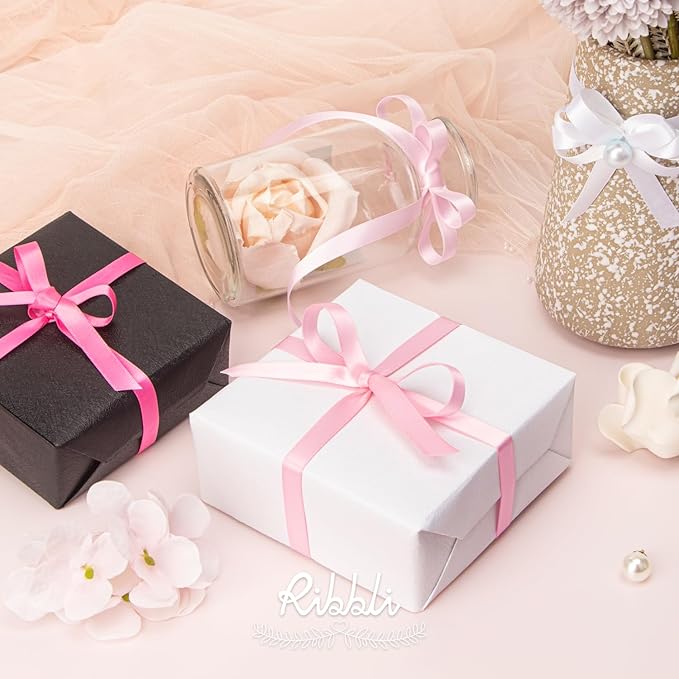 Ribbli Pink Satin Ribbon 3/8 Inch x 4 Rolls Total 40 Yards- White Pink Ribbon - Image 5
