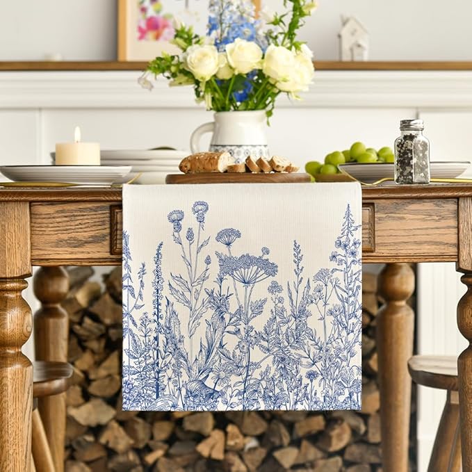 Artoid Mode Blue Antique Herbs and Wild Flowers Spring Table Runner, Seasonal - Image 2