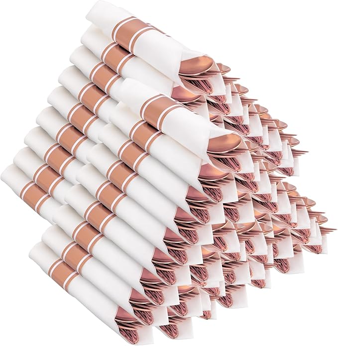 400PCS Pre Rolled Rose Gold Plastic Silverware Sets by Joyido