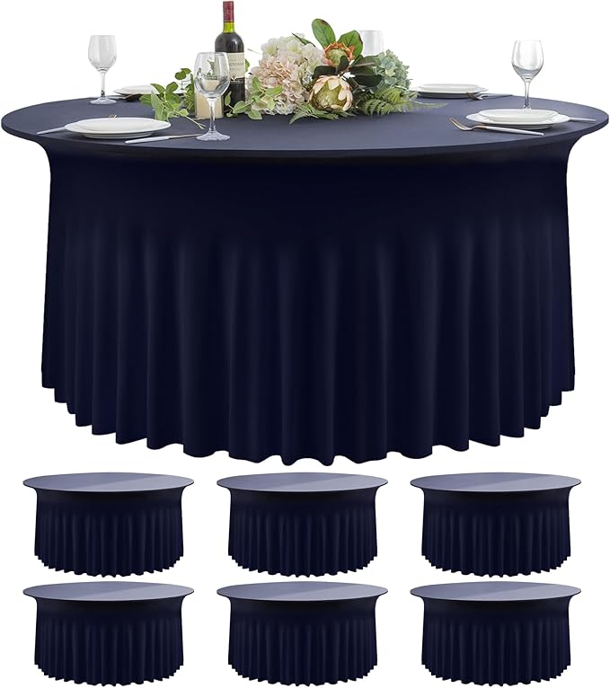 6 Pack Navy Blue Round Spandex Tablecloth 60 Inch, Wrinkle Free Stretch 120 by Nobed+HHT