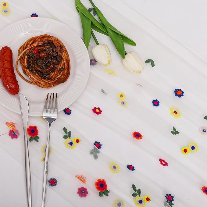 BINBE 3pcs Ivory Daisy Fall Table Runner Embroidery Gauze 10FT Florals Seasonal - Image 2