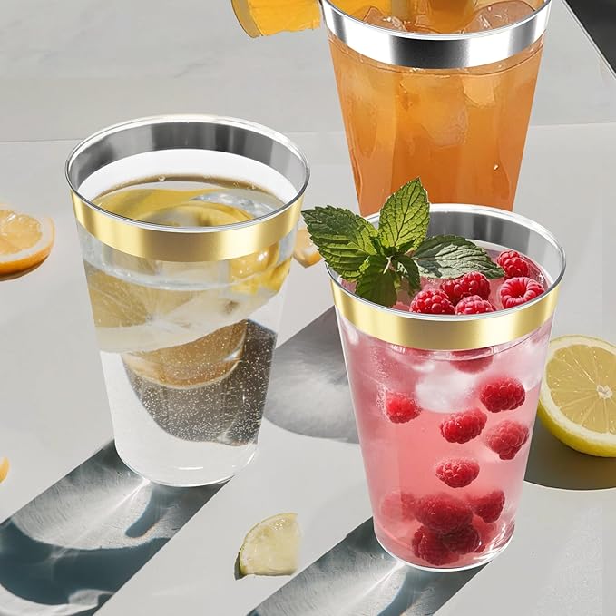 12OZ Plastic Cups with Gold Rimmed Sturdy & Food Safe Disposable Wine Glasses - Image 3