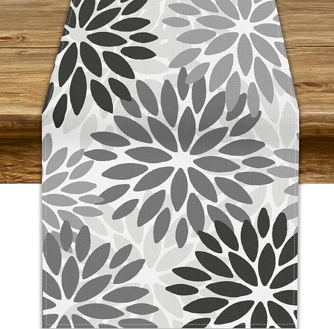 Gray Dahlia Flower Table Runner, Vintage Modern Linen Geometric Pattern Floral by ShiTingYu