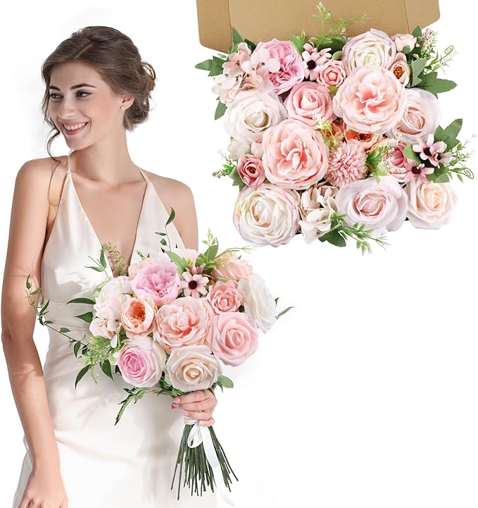 AmyHomie Blush Pink Artificial Flowers Combo Silk Rose Fake Flowers w/Stem - Image 8