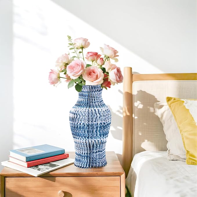Blue and White Paper Honeycomb Vase, 11.6 Inch Foldable Decorative Vase - Image 6