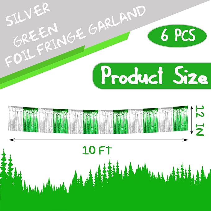 6 Pack 10 Feet Silver Green Foil Fringe Garland Metallic Tinsel Streamers - Image 2