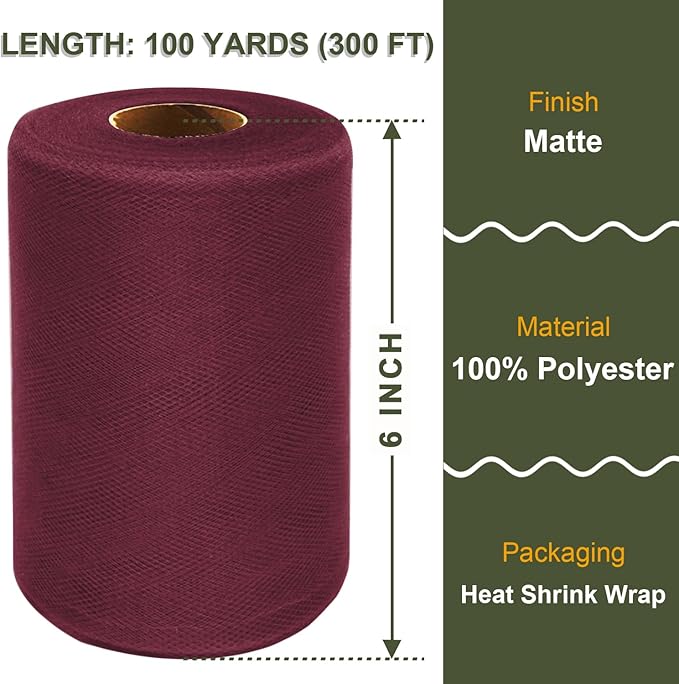 Burgundy Tulle Fabric Roll 6 Inch X 300 FT Matte Tulle Ribbon Netting Mesh Spool - Image 2