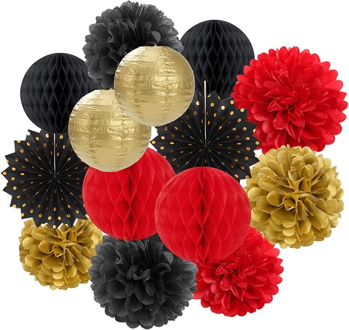 Red-Black Gold Party Decorations Streamers Lanterns by OURUOLA