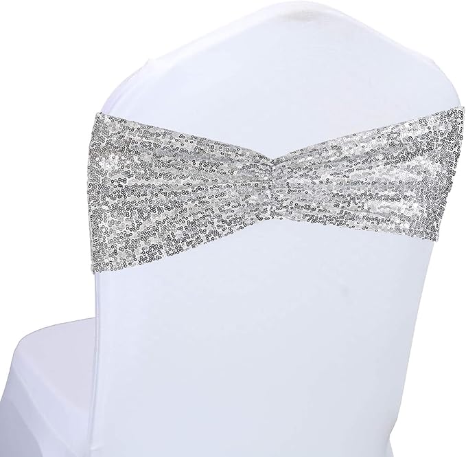 SquarePie Pack of 100 Chair Sashes Bows Sparkly Silver Sequin Chair Bands by SquarePie