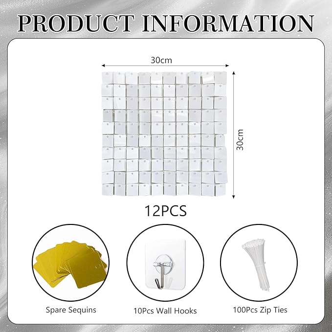 12PCS White Shimmer Wall Backdrop, Square Sequin Photo Backdrops Panel - Image 2