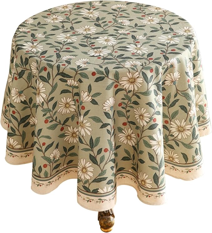 ISAENNE Designer Green Linen Small Round Tablecloth, Floral French Country by Isaennehomedecoration