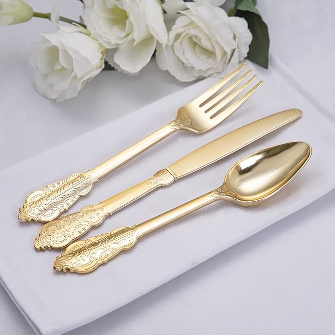 NOCCUR 180PCS Gold Plastic Cutlery Set by NOCCUR