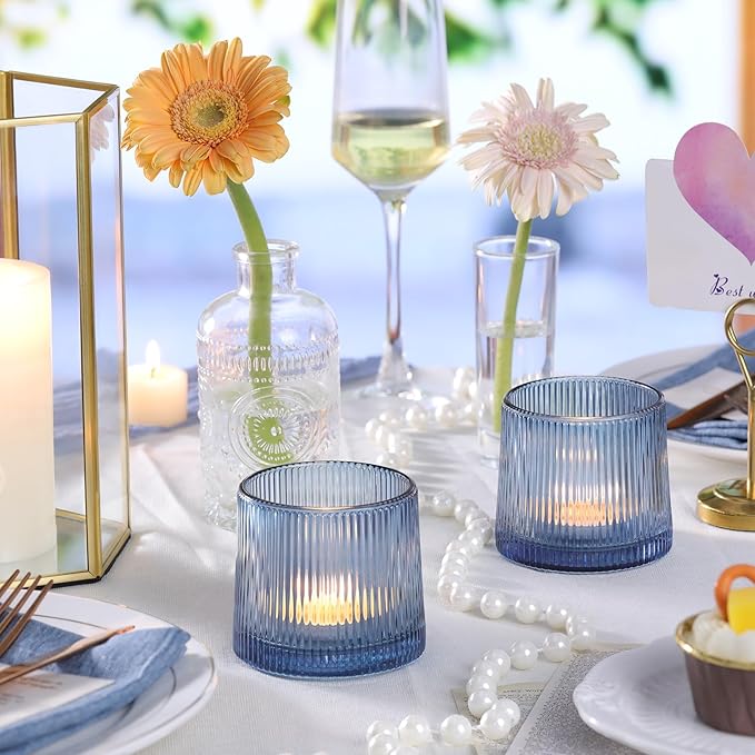 DARJEN Blue Ribbed Tealight Votive Candle Holders- 6Pack Glass Candle Holders - Image 7