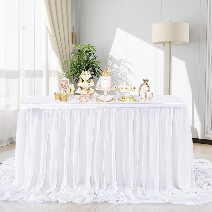 White Table Skirt for Rectangle Tables 14FT Chiffon Sheer Tablecloth for - Image 8
