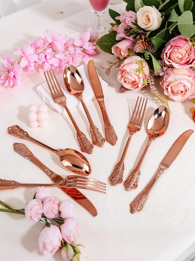 WDF 120Pieces Rose Gold Plastic Silverware - Image 3