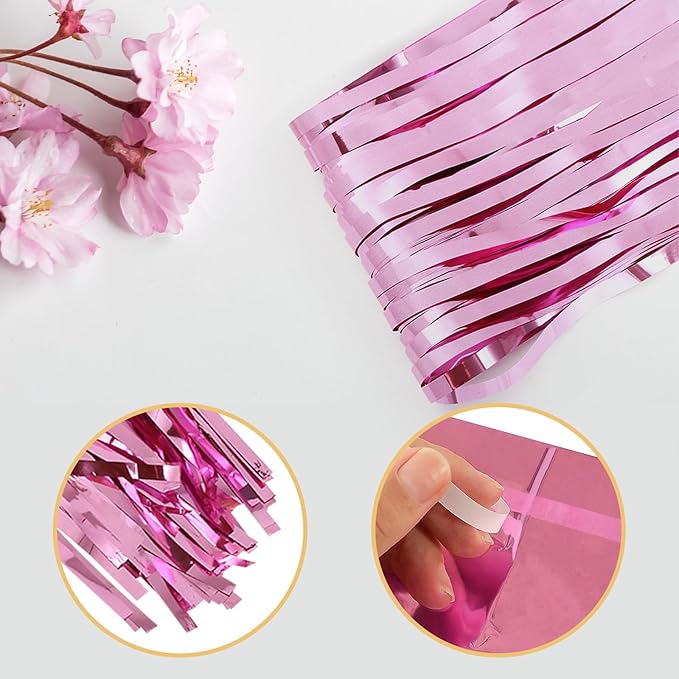 5 Pack Pink Foil Curtain Backdrop 3.2ft x 9.8ft Metallic Tinsel Foil Fringe - Image 4