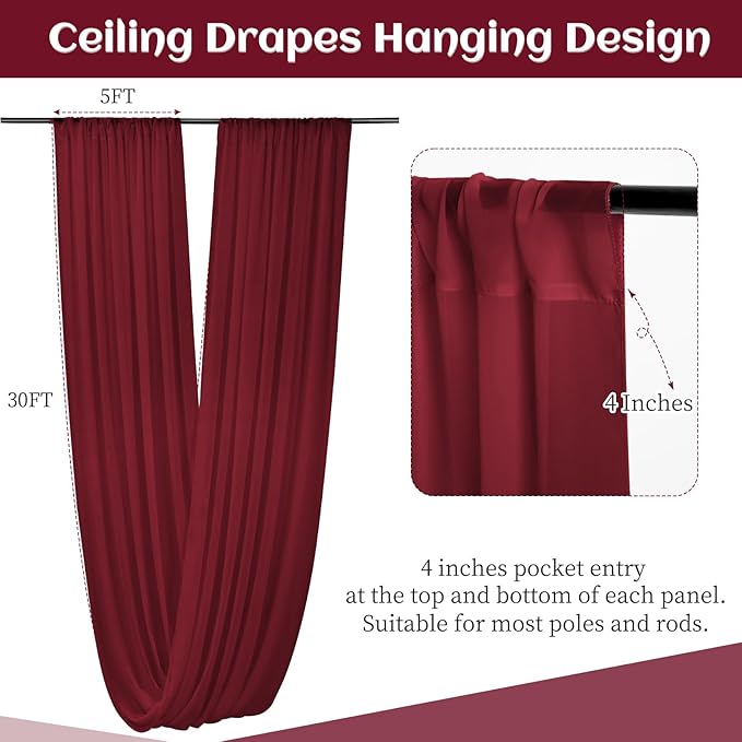 6 Panels Burgundy Wedding Ceiling Drapes 5ftx30ft Ceiling Drapes Chiffon Fabric - Image 3