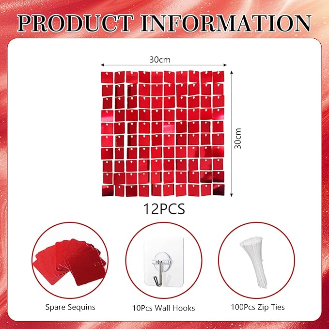 12PCS Red Shimmer Wall Backdrop, Square Sequin Photo Backdrops Panel, Glitter - Image 2