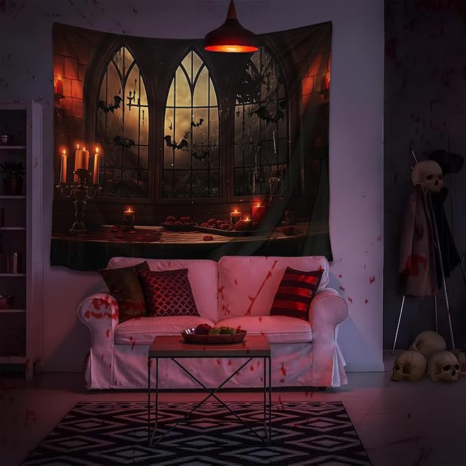 QGHOT Halloween Tapestry Wall Hanging Horror Castle Window Tapestry Gothic - Image 5