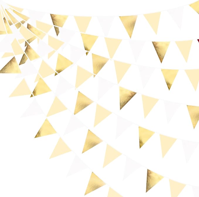 White and Gold Party Decorations Gold Beige White Fabric Triangle Pennant by pinkblume