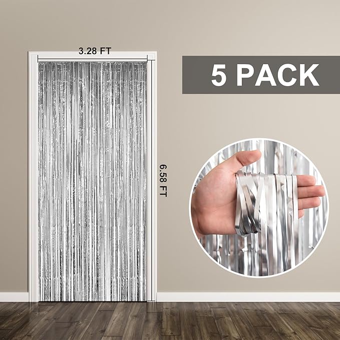5 Pack Foil Curtain Backdrop Silver Metallic Tinsel Foil Fringe Curtains Photo - Image 7