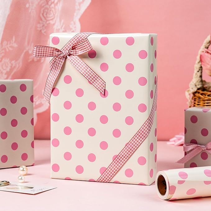 Burymento Pink and Beige Dots Wrapping Paper, Reversible Pink Gift Wrap - Image 2