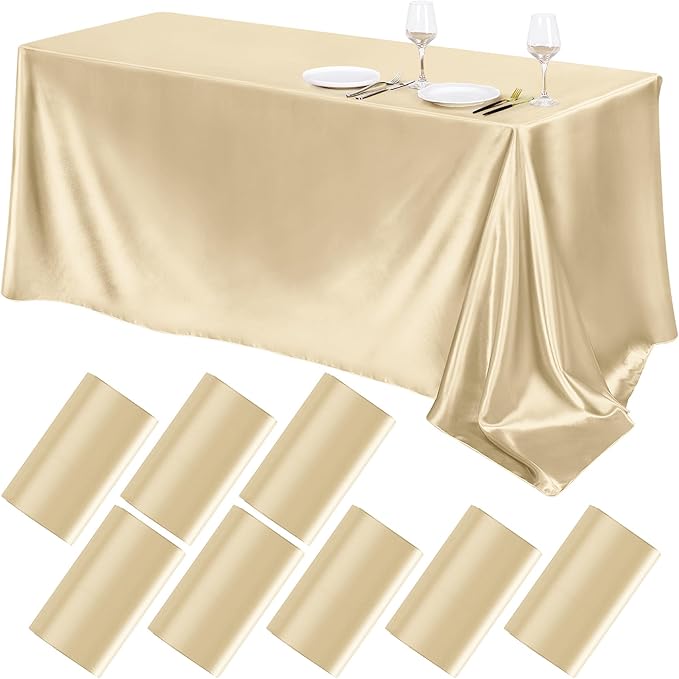 TURSTIN 8 Packs Champagne Satin Tablecloth 102 x 58 Inch Overlay Satin Table by TURSTIN