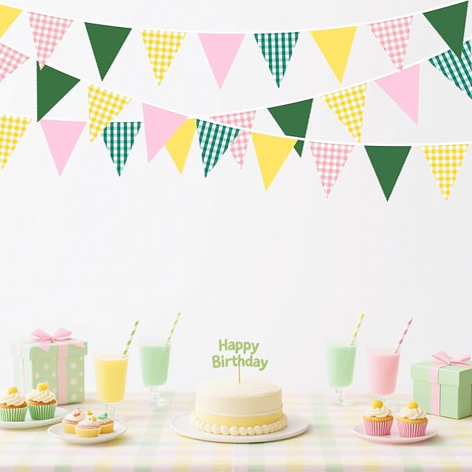 32Ft Camp Bride Party Decorations Pink Green Yellow Gingham Fabric Triangle - Image 4