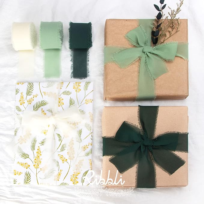 Ribbli Sage Green Chiffon Ribbon 1-1/2 inch x 30 Yard Handmade Fringe Chiffon - Image 6