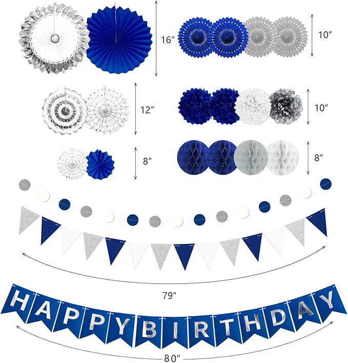 Navy Blue and Silver Happy Birthday Party Decoration 24Pcs Hanging Paper Fans - Image 3