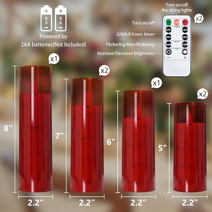 Red Flameless Candles with Remote and String Light, 2.2"x 5" - Image 3