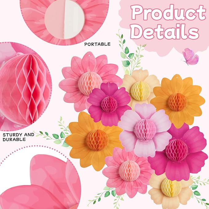 SUNBEAUTY 9 PCS Hot Pink and Orange Party Decorations Fall Large Hanging Paper - Image 2