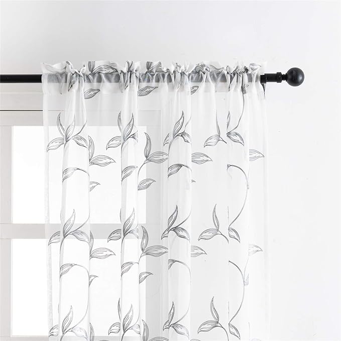 VISIONTEX Sheer Curtains 84 Inch Length 2 Panels, Decor Iron Grey Vine Leaves - Image 3