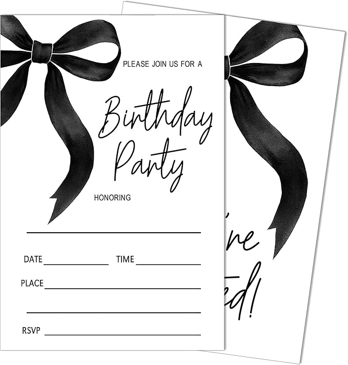 SIXEIGHT Black Bow Birthday Invitations, 20 Party Invitations by SIXEIGHT