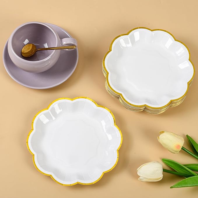 White Golden Party Plates Gold Foil Dessert Paper Plate 7inch Scalloped Edge - Image 6