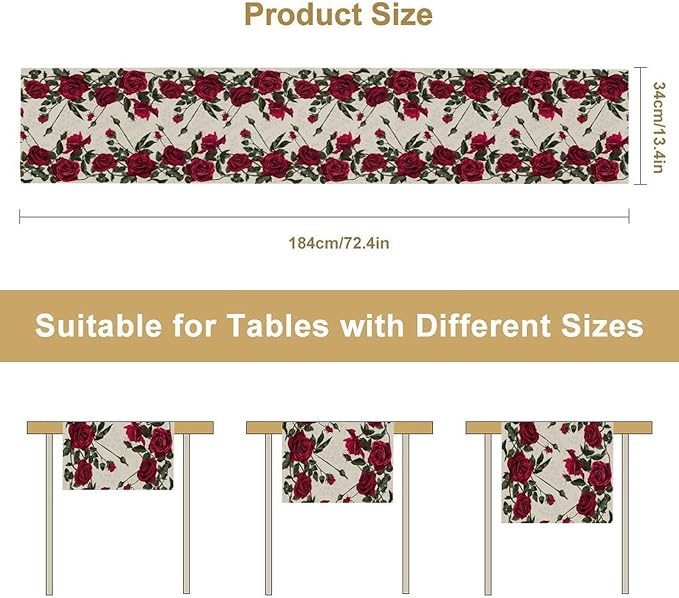 Rose Table Runner, Retro Red Rose Flowers Green Leaves Valentine's Day Kitchen - Image 2