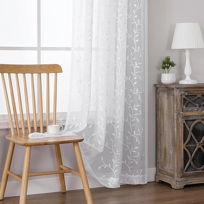 VISIONTEX White Sheer Voile Curtains, Decorative Beige Leaves Embroidery Faux - Image 5