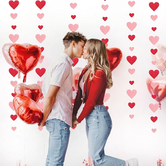 Red Pink Party-Decoration Heart Garland - 40ft Galentines Hanging Paper - Image 7