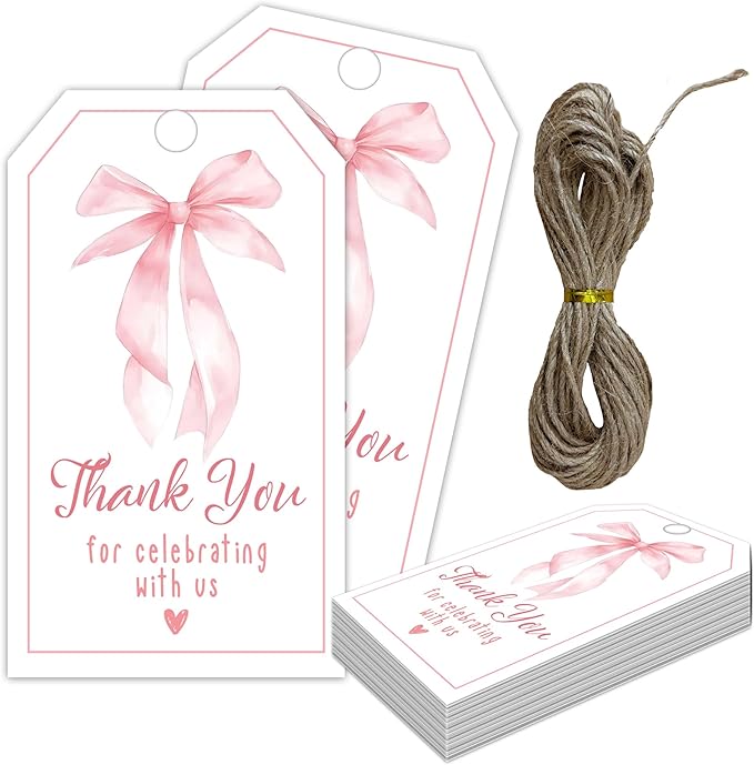 Thank You Label with String, 2x3.5 Inch Pink Bow Gift Tags, Thank You by MXLINSW