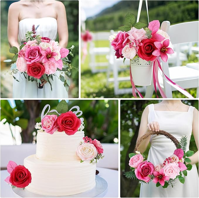 AmyHomie Fuchsia Pink Artificial Flowers Combo Silk Mix Peony Rose Fake Flowers - Image 5