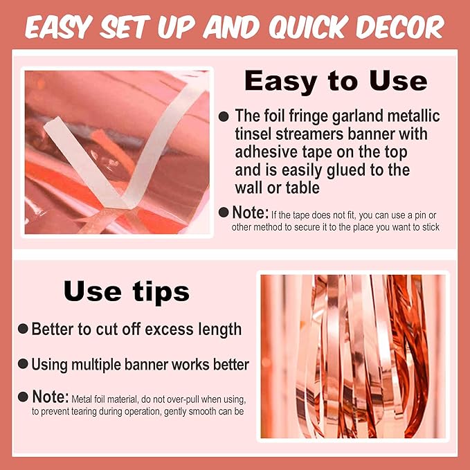 6 Pack 10 Ft Rose Gold Foil Fringe Garland Metallic Streamers Tinsel Banner - Image 3