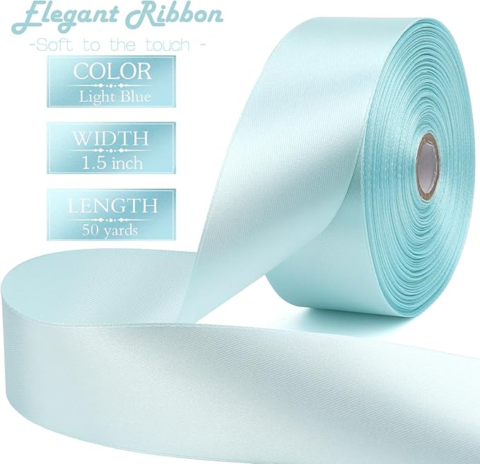 Light Blue Solid Satin Ribbon 1-1/2 Inch 50 Yards Solid Polyester Fabric Ribbon - Image 2