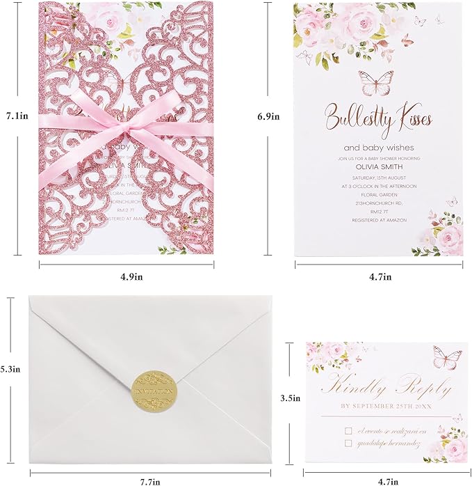 25pcs Glitter Laser Cut Wedding Invitation Kits Pink Personalized Invitation - Image 7