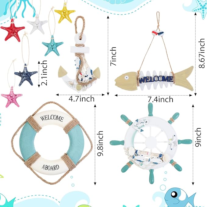 11 Pcs Wooden Nautical Wall Decor Fishing Net Decorations, Include Decorative - Image 3