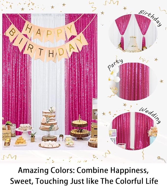 ShinyBeauty 4x10ft Fuchsia Sequin Backdrop | 2 Panels Glitter Curtains - Image 3