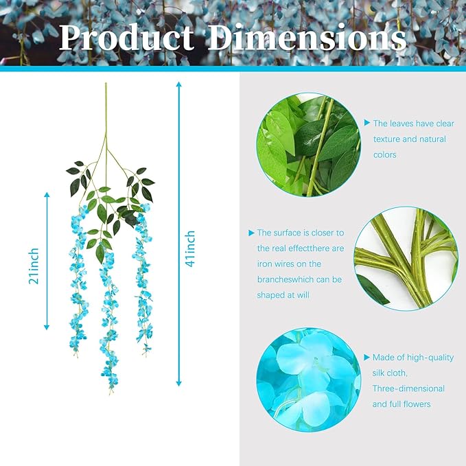36 Pack Blue Wisteria Hanging Flowers, 3.44 Ft Fake Hanging Flowers, Artificial - Image 2