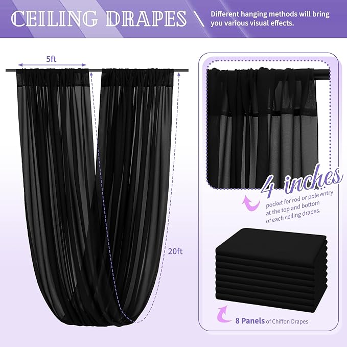 8 Panels Black Ceiling Drapes for Wedding 5ftx20ft Sheer Drapery Chiffon Fabric - Image 2