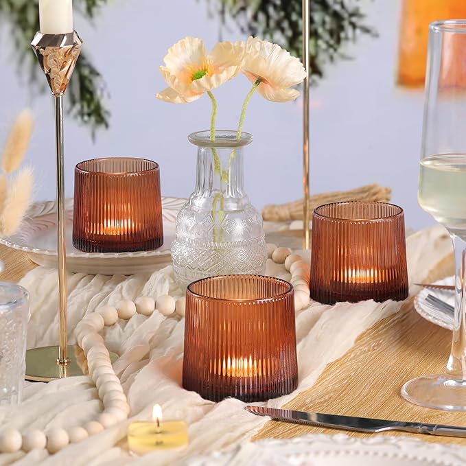 Amber Ribbed Tealight Votive Candle Holders Set of 10- Votive Candle Holders - Image 5